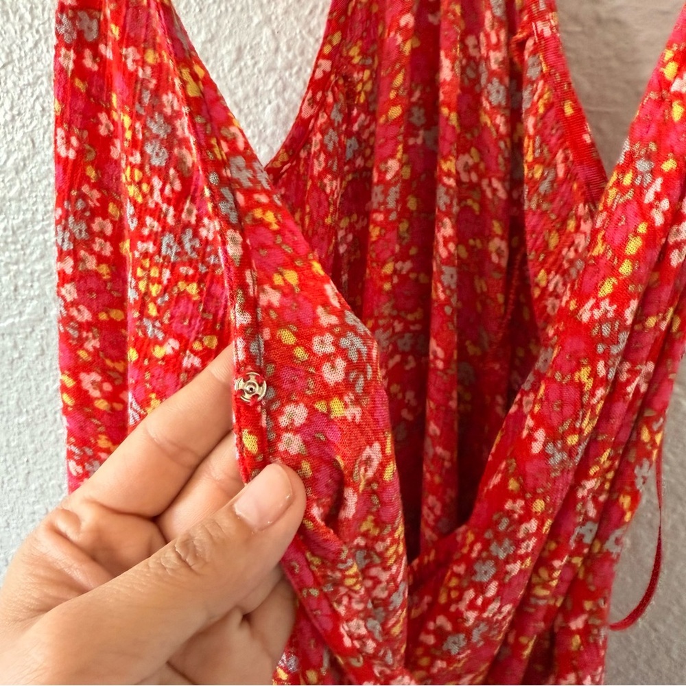O’Neill Women's Red Floral Tie Wrap Mini Dress Bohemian Beachy Boho Size X-Small - Picture 6 of 11